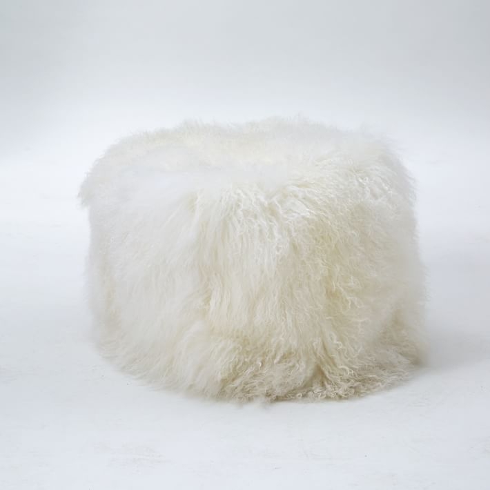 Mongolian Fur Pouf Cover + Insert, Stone White - Image 0