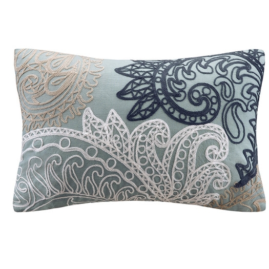 Kiran Embroidered Cotton Lumbar Throw Pillow- 12" H x 18" W x 5" D- Blue- Polyester/Polyfill insert - Image 0