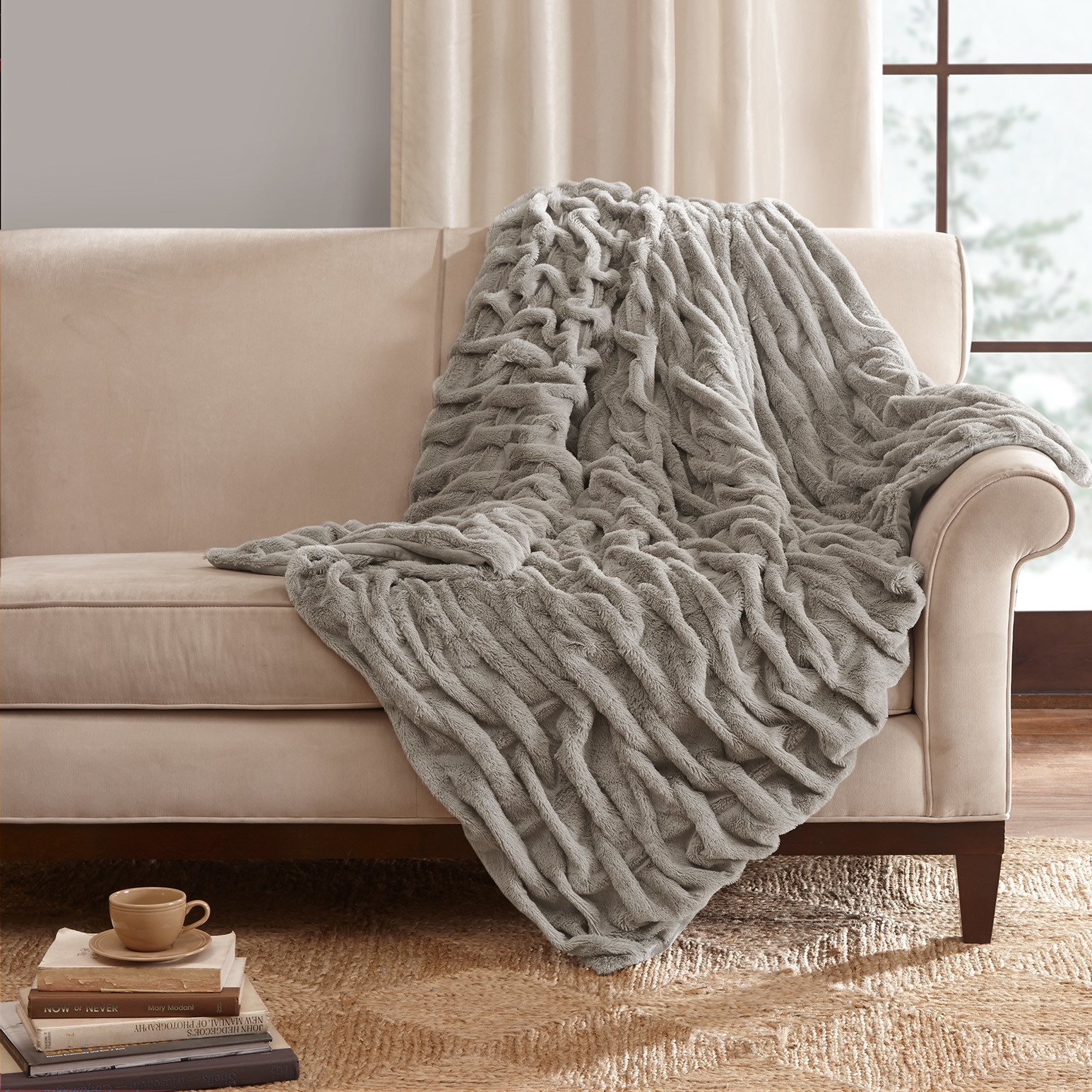 Ruched Fur Throw Blanket - Gray - Image 1