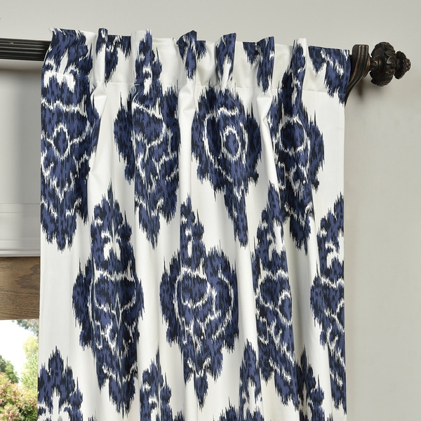 Exclusive Fabrics Ikat Blue Printed Cotton Curtain Panel- 96'' - Image 1