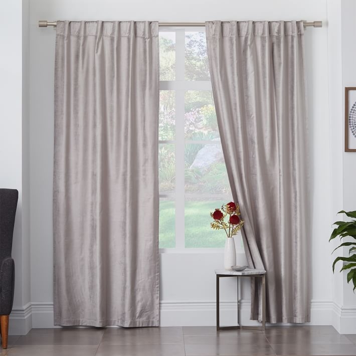 Cotton Luster Velvet Curtain + Blackout Panel, 48"x96", Platinum - Image 0