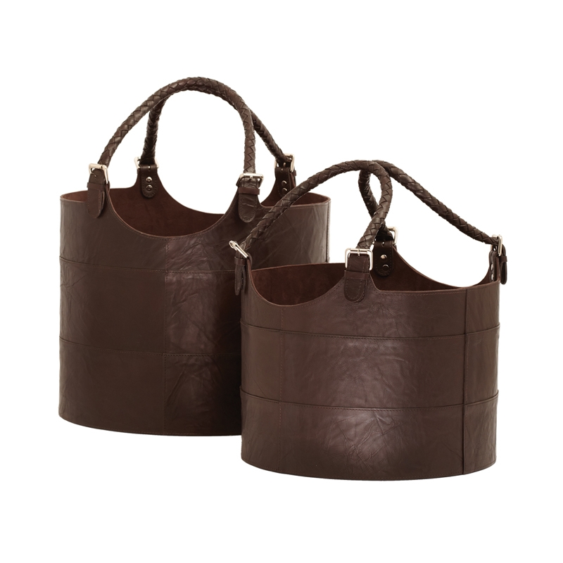 S/2 Nested Espresso Leather Buckets - Image 0