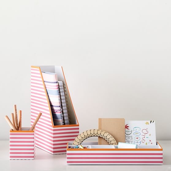 Printed Desk Accessories, Pink Stripe With Tangerine Trim - Image 0