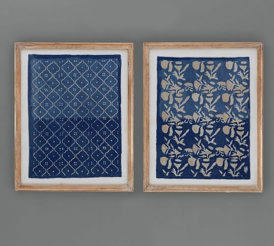 Framed Blue Textile Art - Set of 2 - Natural Frame - With Mat - Image 0
