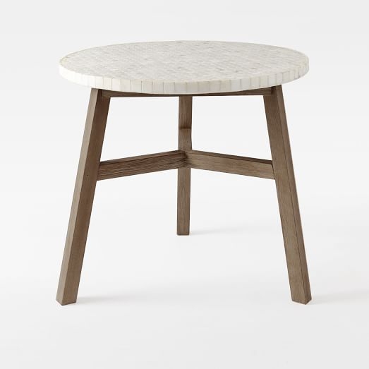 Mosaic Tiled Bistro Table - White Marble Top + Driftwood Base - Image 0