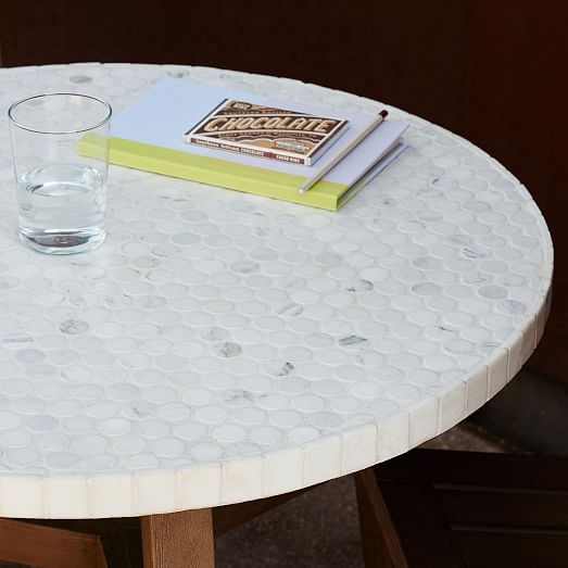Mosaic Tiled Bistro Table - White Marble Top + Driftwood Base - Image 2