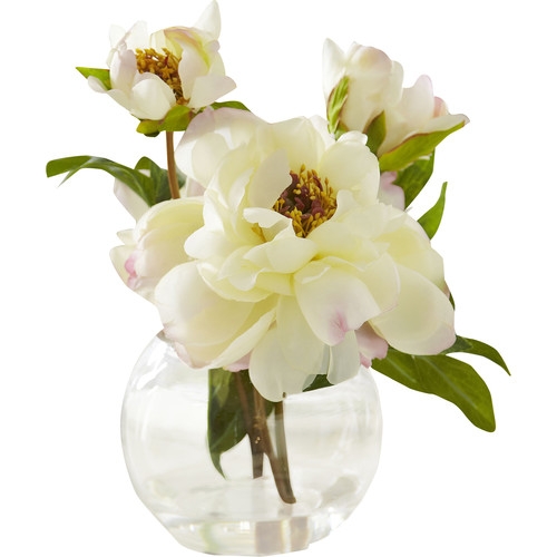 Faux White Peony Bloom in Round Glass Vase - Image 0