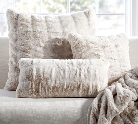 RUCHED FAUX FUR PILLOW COVER - IVORY - 18x18 - Image 1