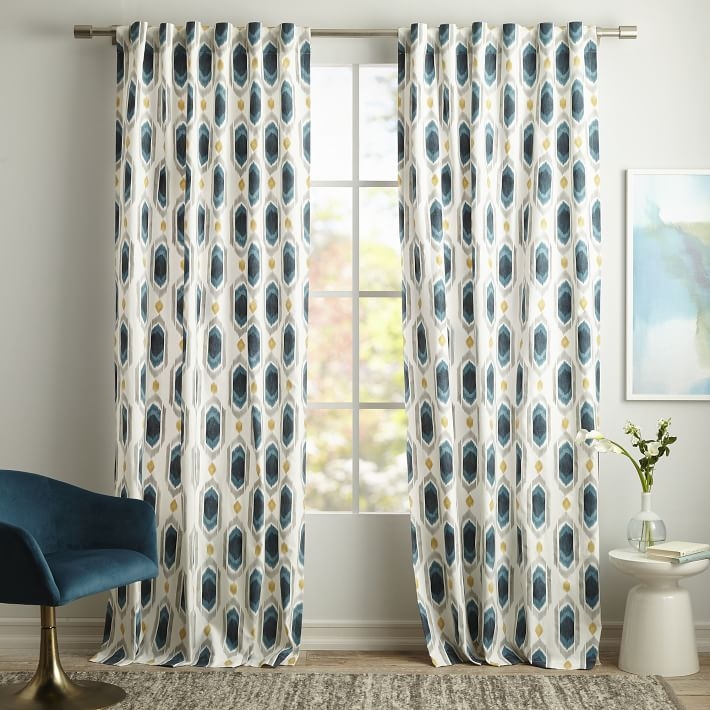 Cotton Canvas Ikat Gem Curtain - Blue Teal- Set of 2, 96" - Image 0