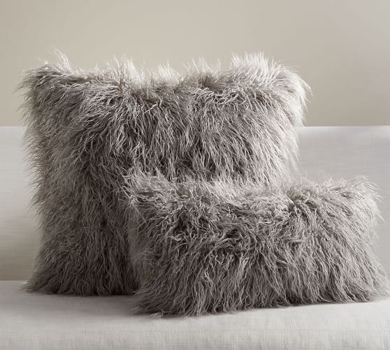 Mongolian Faux Fur Pillow Cover- 26" X 26" - Frost Gray - Insert sold separately - Image 1
