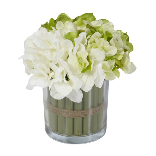 Hydrangea Bouquet in Glass Vase - Green Cream - Image 0