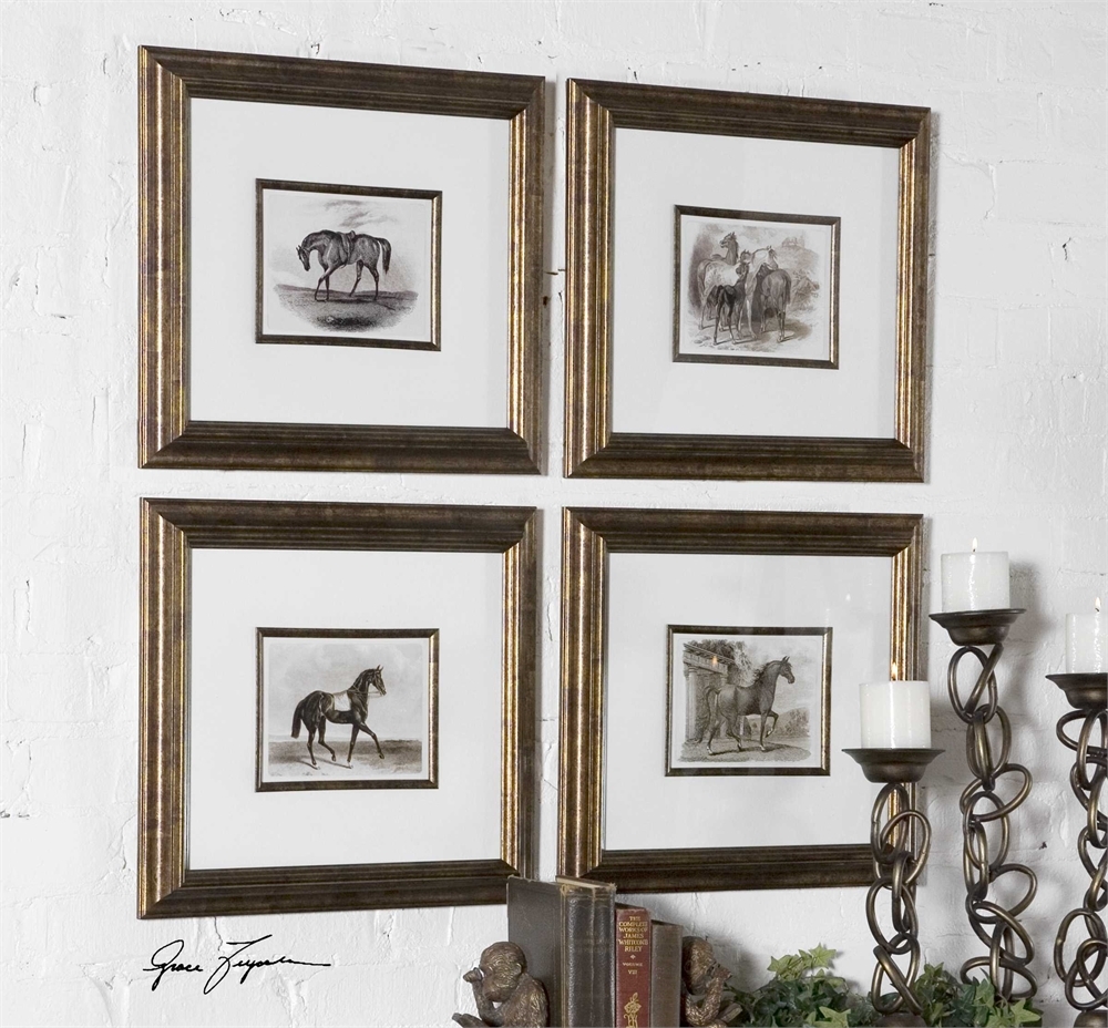 Horses, S/4- 19'' x 17''- Bronze leaf frame with mat - Image 1