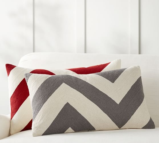 Chevron Crewel Embroidered Lumbar Pillow Cover - Grey - 16" x 26" - Insert Sold Separately - Image 1