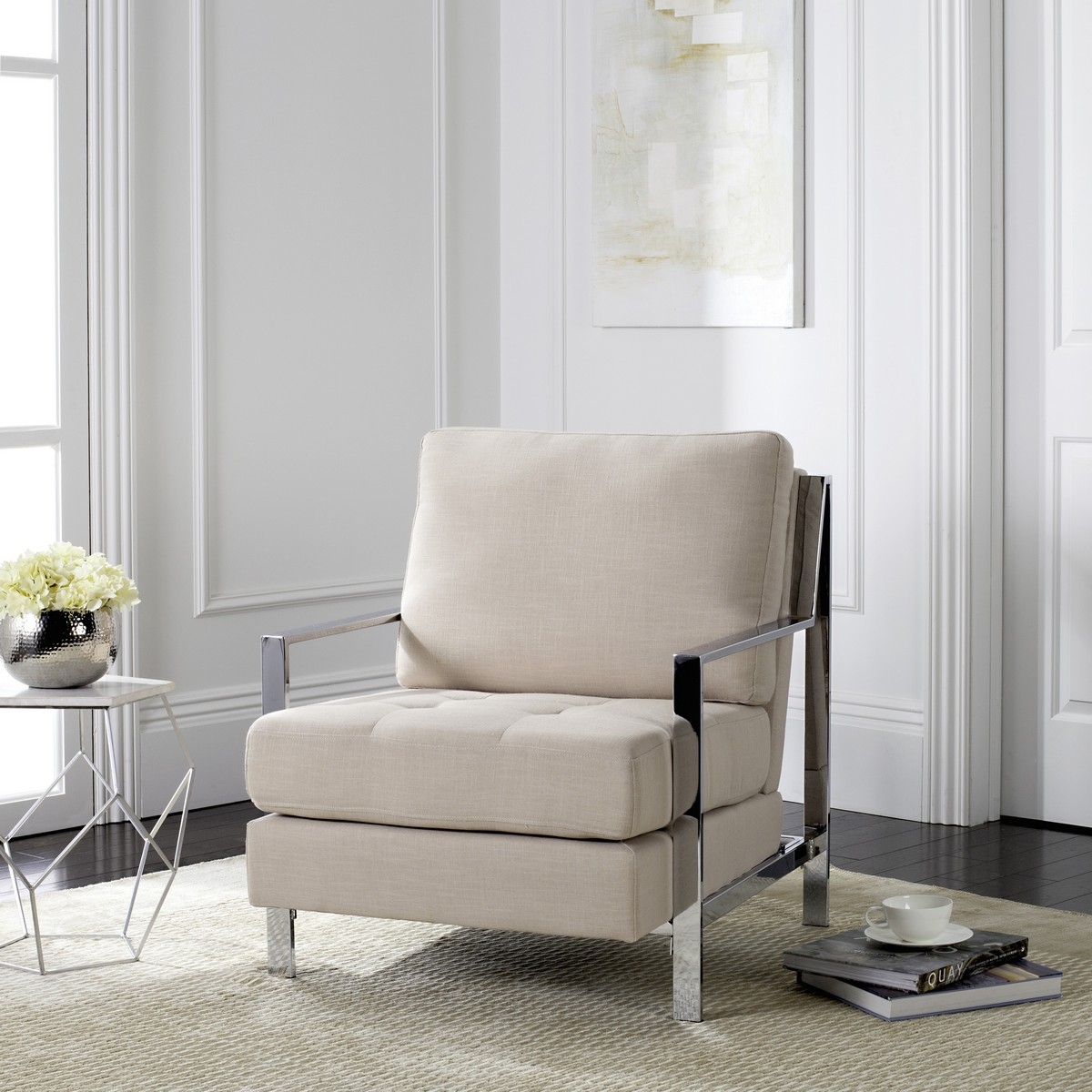 Walden Modern Tufted Linen Chrome Accent Chair - Beige - Arlo Home - Image 3
