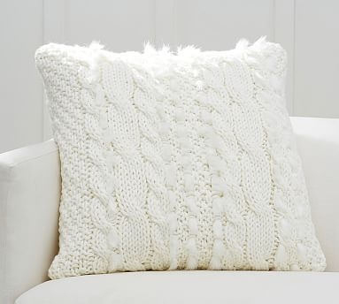 Cableknit with Faux Fur Pillow Cover, 24", Ivory - Image 0