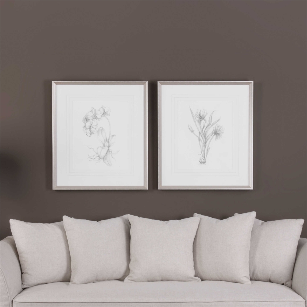Botanical Sketches, Silver & Taupe Frame with Mat, 28" x 32", Set of 2 - Image 1