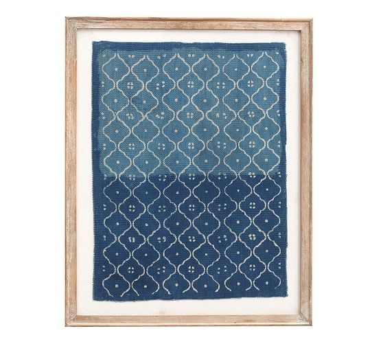 Framed Blue Textile Art - Set of 2 - Natural Frame - With Mat - Image 1