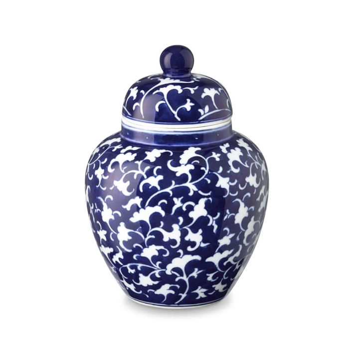 Vine Motif Temple Jar-Blue & White - Image 0
