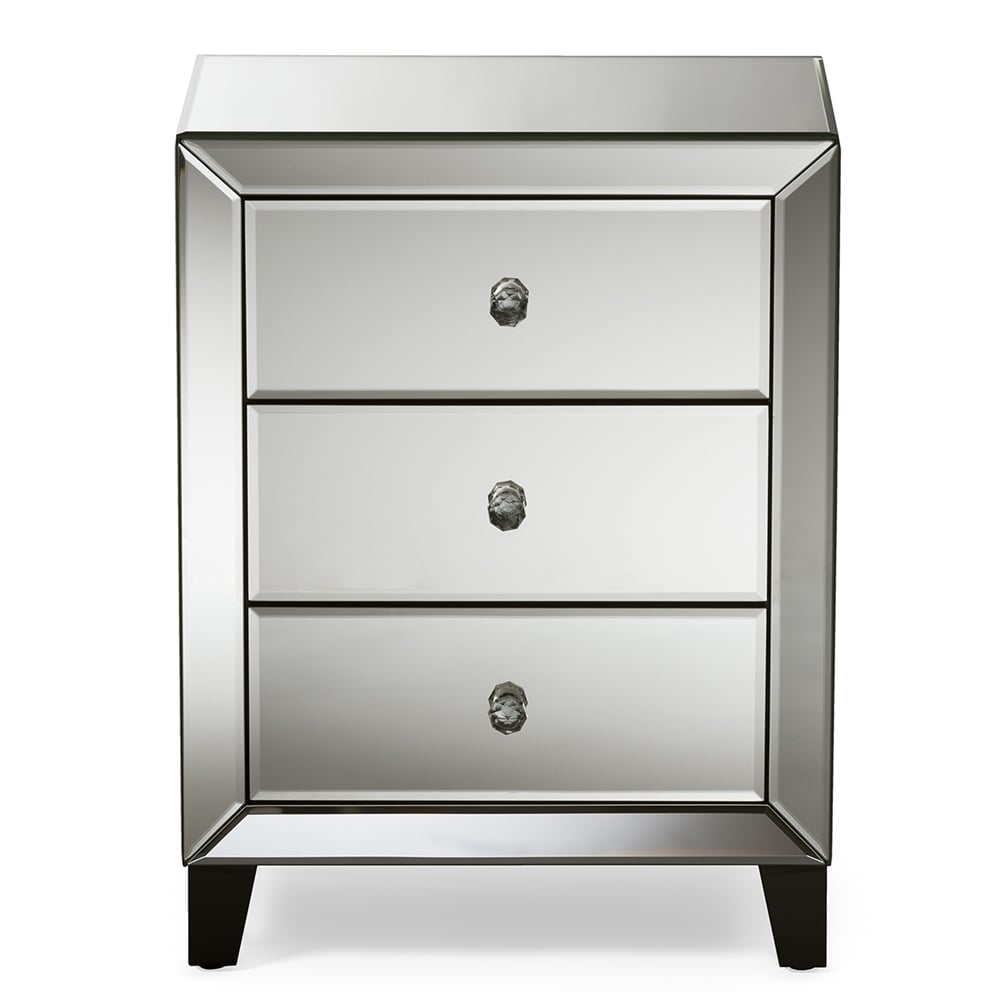 Baxton Studio Chevron Contemporary Hollywood Regency Glamour Style Mirrored 3-drawers Bedside Nightstand Table - Image 0