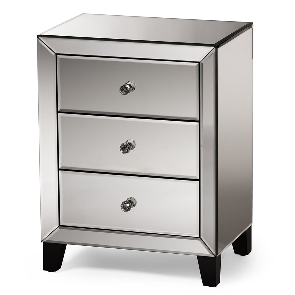 Baxton Studio Chevron Contemporary Hollywood Regency Glamour Style Mirrored 3-drawers Bedside Nightstand Table - Image 1
