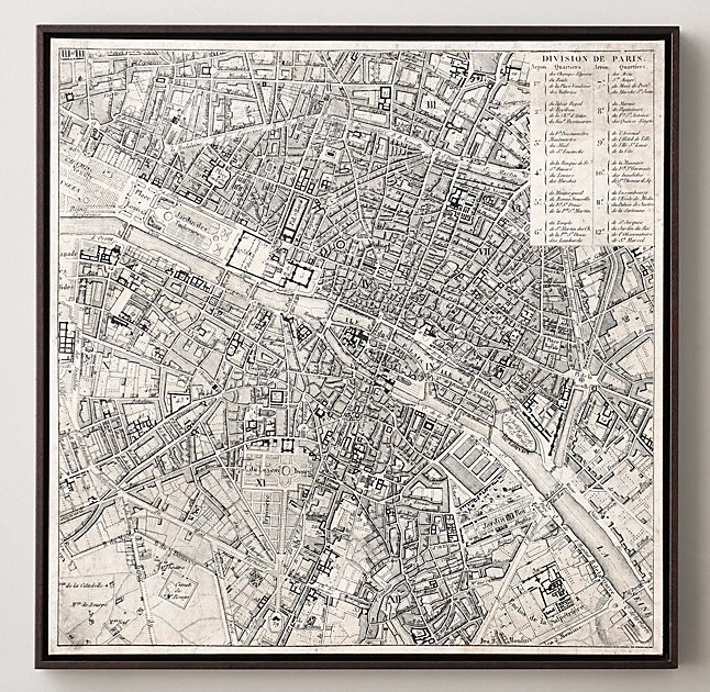 VINTAGE AERIAL MAPS OF EUROPEAN CITIES - PARIS - 28"W X 28"H - Dark Brown Frame - Image 0