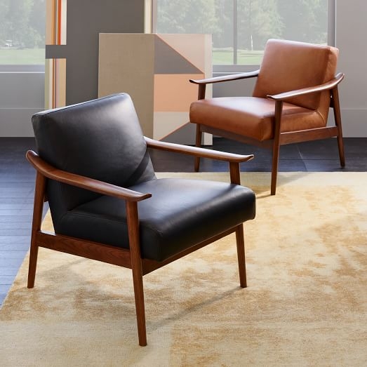 Mid-Century Leather Show Wood Chair - Nero Leather/Pecan - Image 1