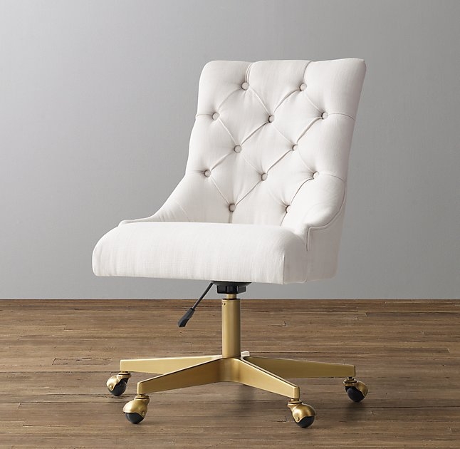 Martine Adjustable Desk Chair - Antiqued Brass - White Belgian Linen - Image 0