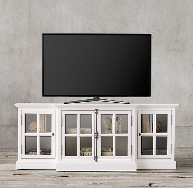 FRENCH CASEMENT 80" GLASS MEDIA CONSOLE -Distressed White - Image 3