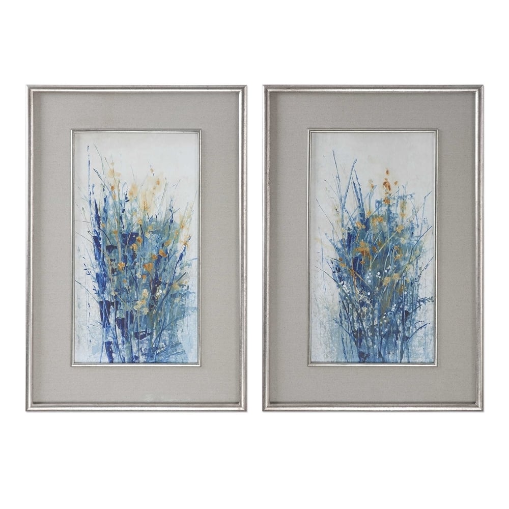 Indigo Florals, Distressed Silver Frame, Gray Linen Mats, 28" x 42", Set of 2 - Image 0