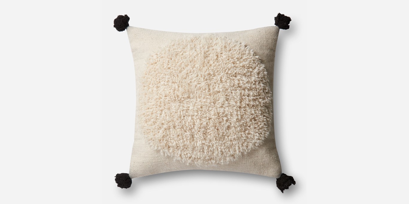 Geo Shag Pillow with Puffs, Ivory & Black, 22" x 22" - Image 0