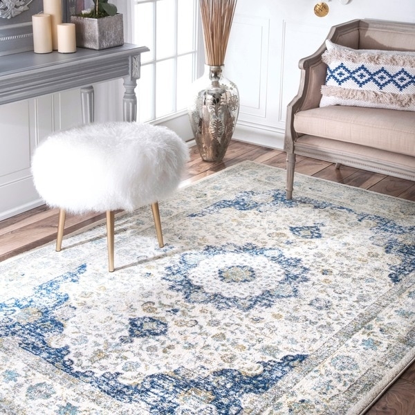 Traditional Persian Vintage Fancy Area Rug (8' x 10') - Ivory/Blue - Image 1