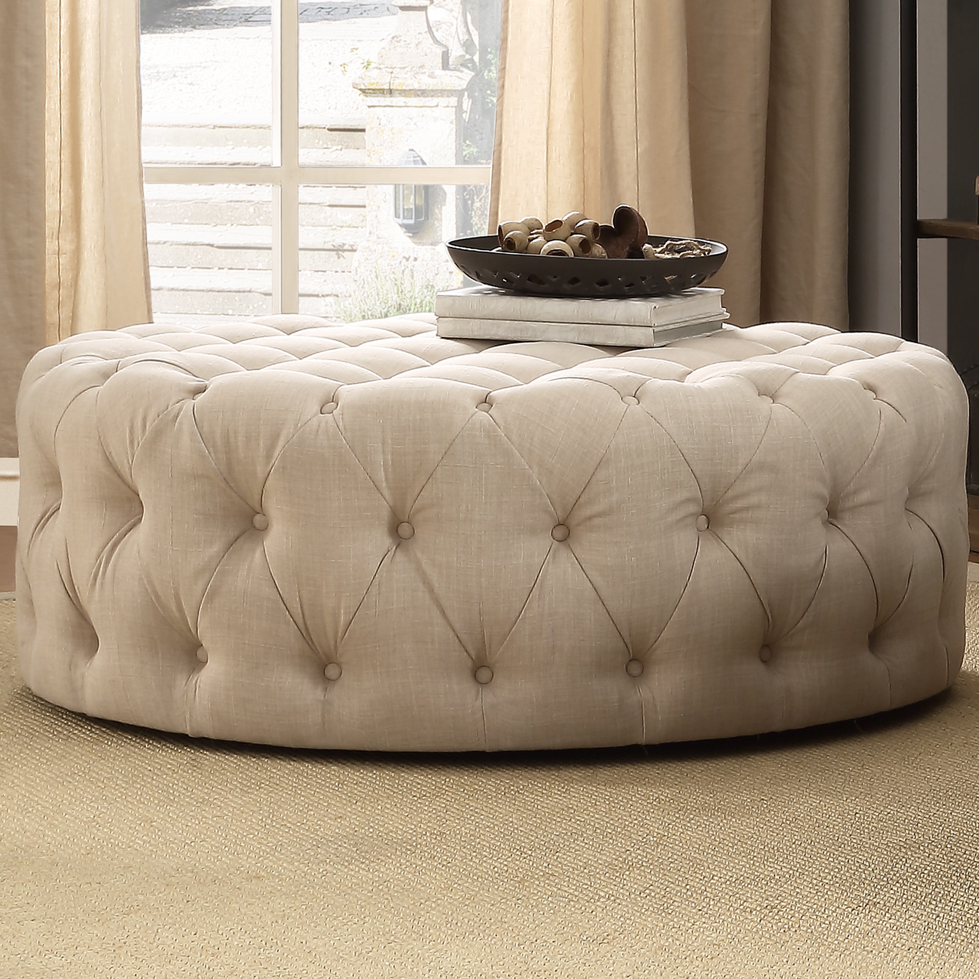 Bourges Round Tufted Cocktail Ottoman - Beige - Image 2
