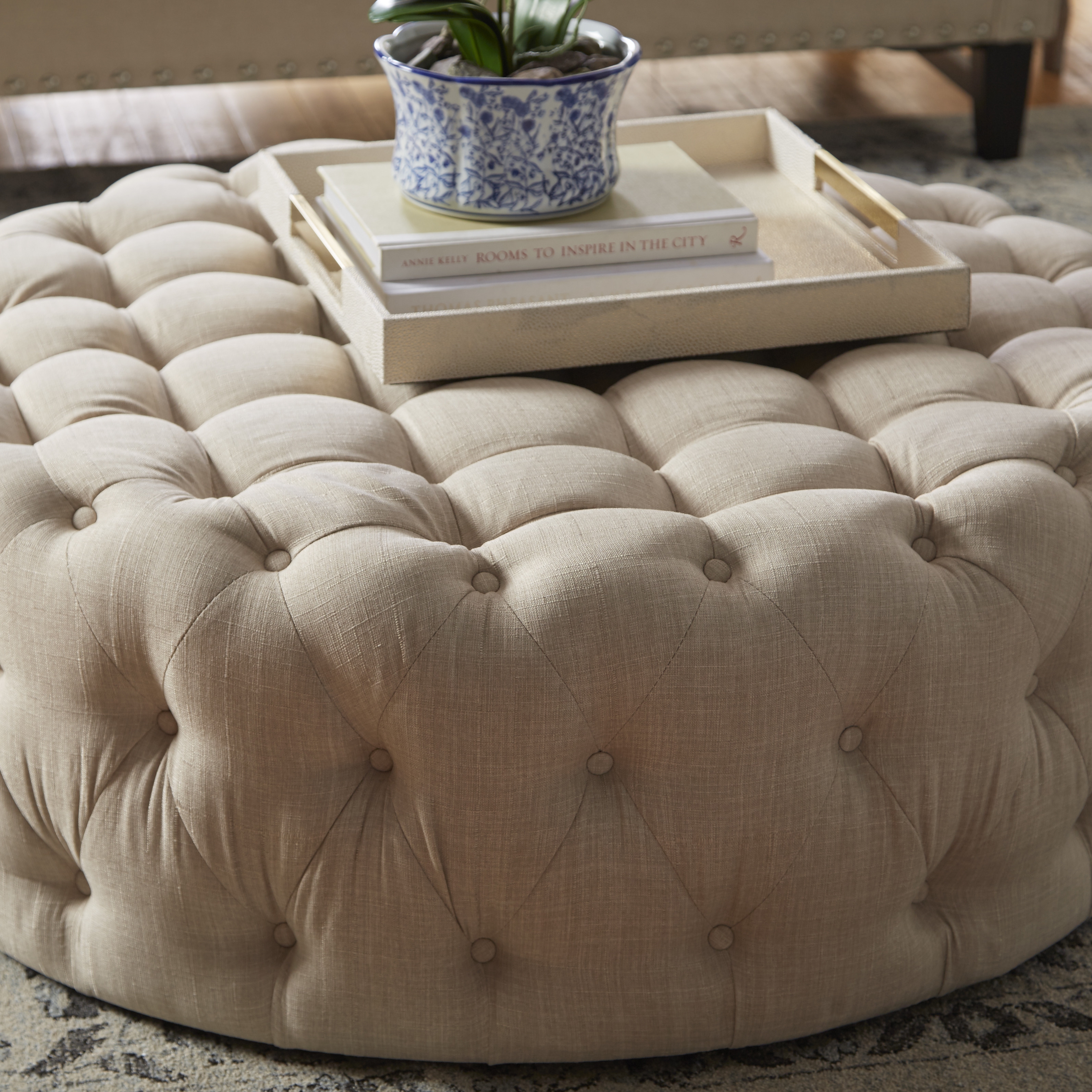 Bourges Round Tufted Cocktail Ottoman - Beige - Image 3