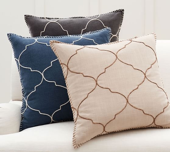 Tile Embroidered Pillow Cover - Khaki - 22'' x 22'' - Insert Not Included - Image 1