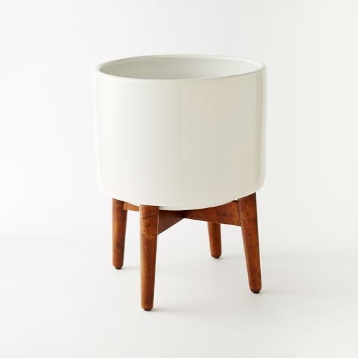 Mid-Century Turned Leg Standing Planters - Solid - Wide - White - Image 0