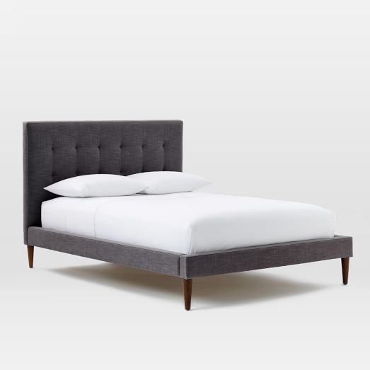 Grid-Tufted Upholstered Tapered Leg King Bed - Linen Weave, Steel Gray - Image 0