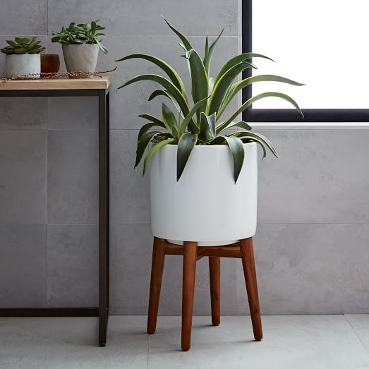 Mid-Century Turned Leg Standing Planters - Solid - Wide - White - Image 1
