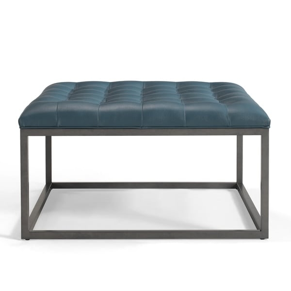 Healy Teal Leather Tufted Ottoman - Image 0