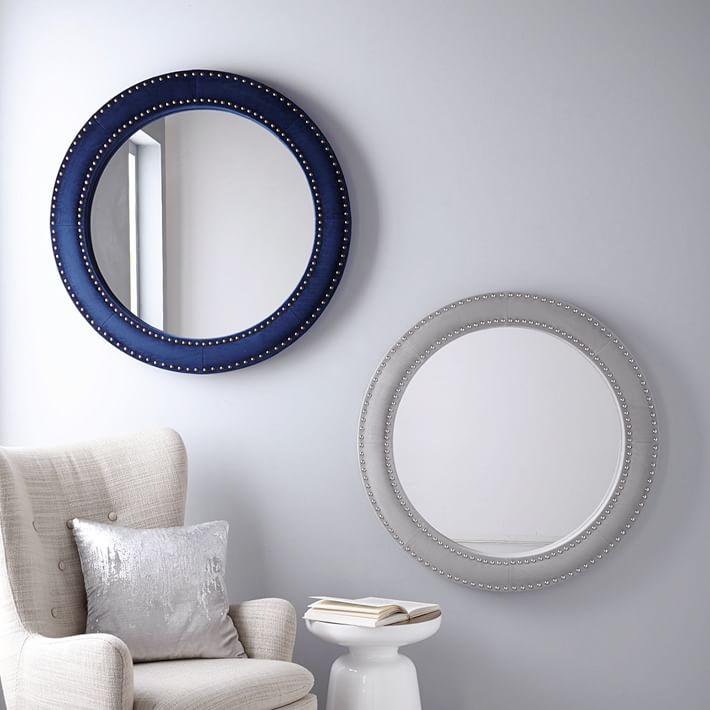 Upholstered Round Mirror - Ink - Blue Velvet - Image 1