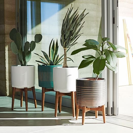 Mid-Century Turned Leg Standing Planters - Solid - Wide - White - Image 3