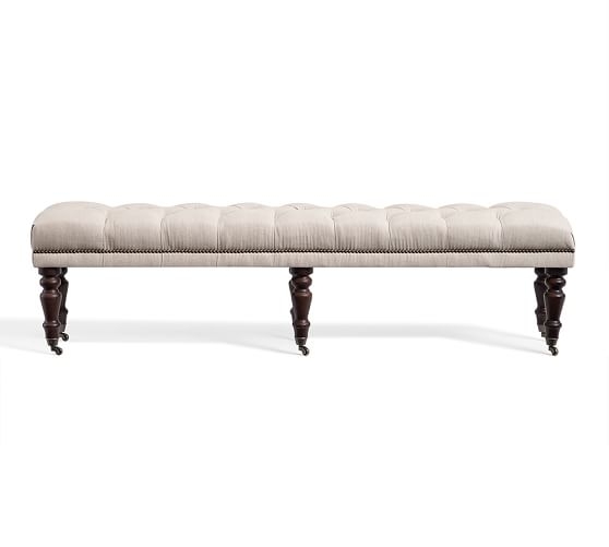 KING BENCH TUFTED WITH TURNED MAHOGANY LEG - Twill, Cream - Image 2