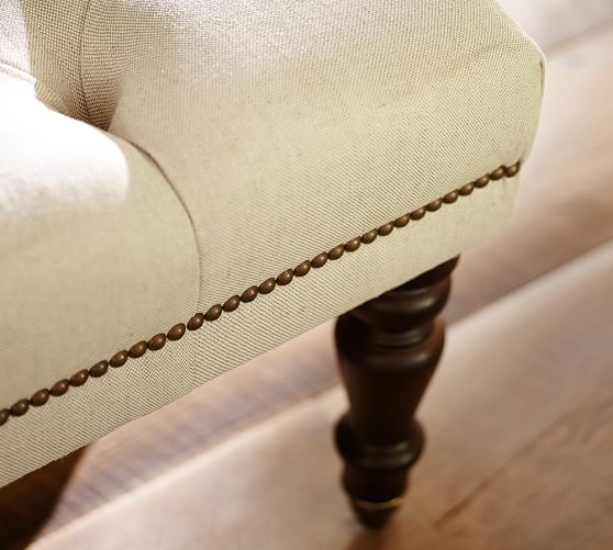 KING BENCH TUFTED WITH TURNED MAHOGANY LEG - Twill, Cream - Image 4