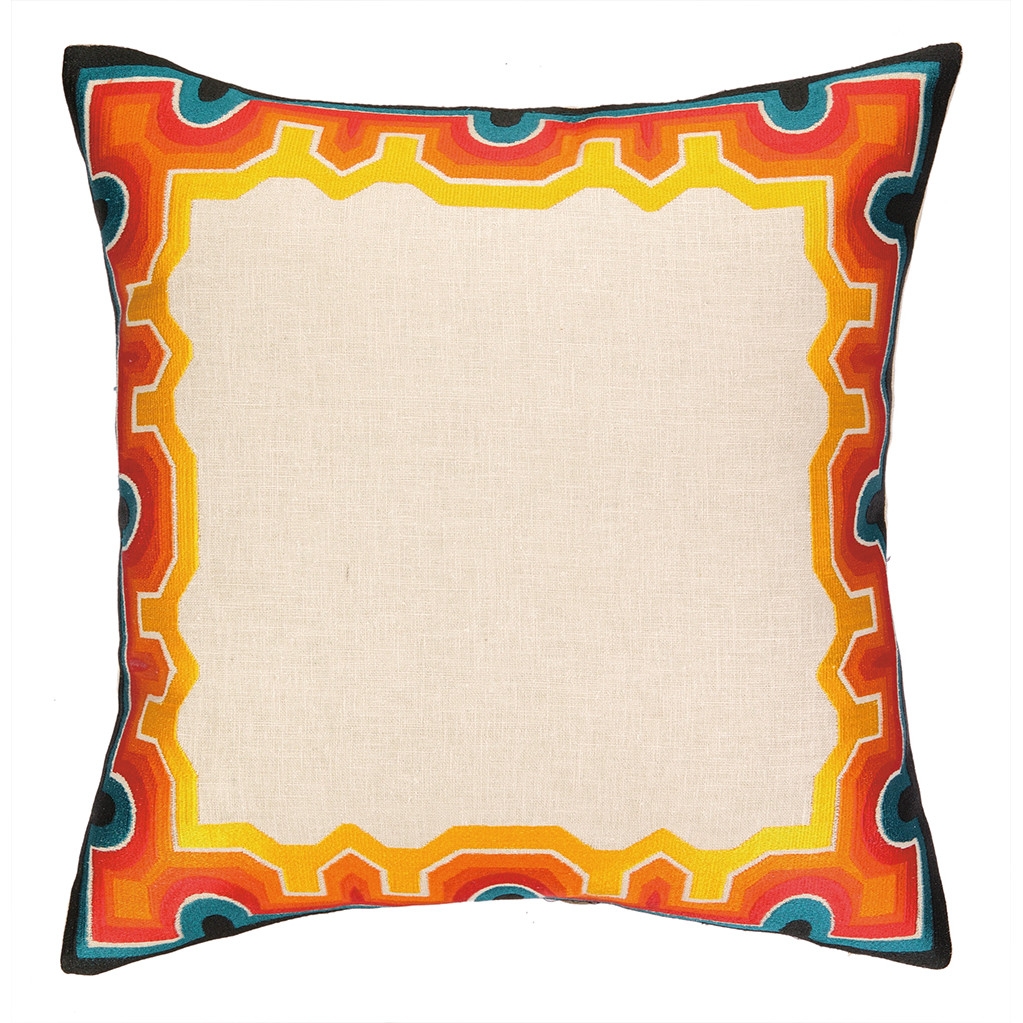 Arcata Embroidered Throw Pillow - Blue/Orange - 20" Sq. - Down/Feather - Image 0