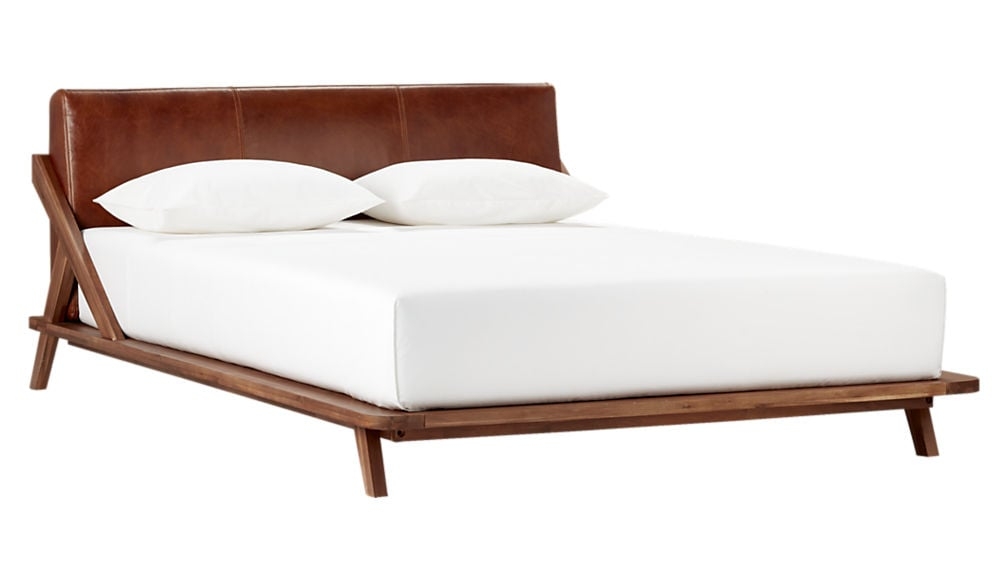 Drommen acacia bed with leather headboard - queen - Image 0