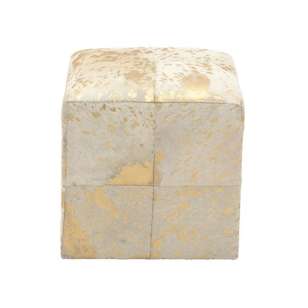 Gold/White Wood/Leather Hide Ottoman - Image 0