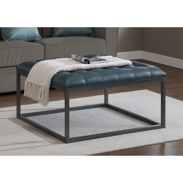 Healy Teal Leather Tufted Ottoman - Image 1