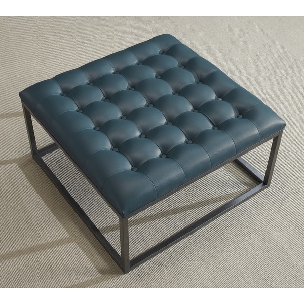 Healy Teal Leather Tufted Ottoman - Image 2