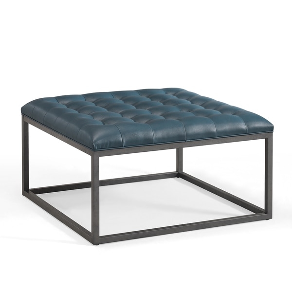 Healy Teal Leather Tufted Ottoman - Image 4