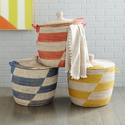 Graphic Printed Oversized Basket - Yellow Stripes - Image 1