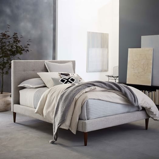 Grid-Tufted Upholstered Tapered Leg Bed - King - Heathered Crosshatch, Feather Grey - Image 1